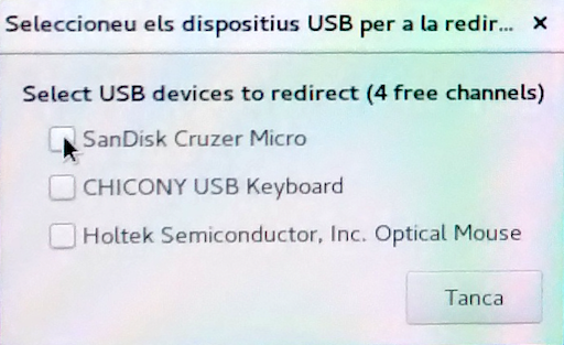 Menú contextual para seleccionar dispositivo USB