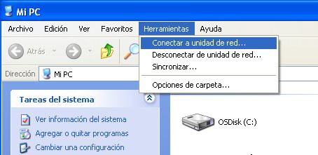 Menú conectar servidor en Windows
